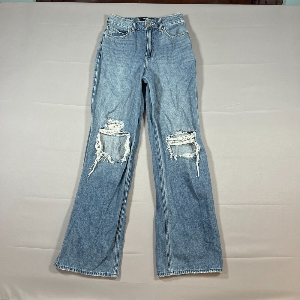 Hollister Baggy Jeans Womens 0 Blue Cotton Ultra High Rise Distressed Zip Fly